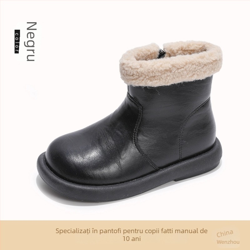 Ghete de iarnă pentru fetițe, cu căptușeală pufoasă, partea superioară din piele artificială, talpă din cauciuc, branț PU, fermoar lateral