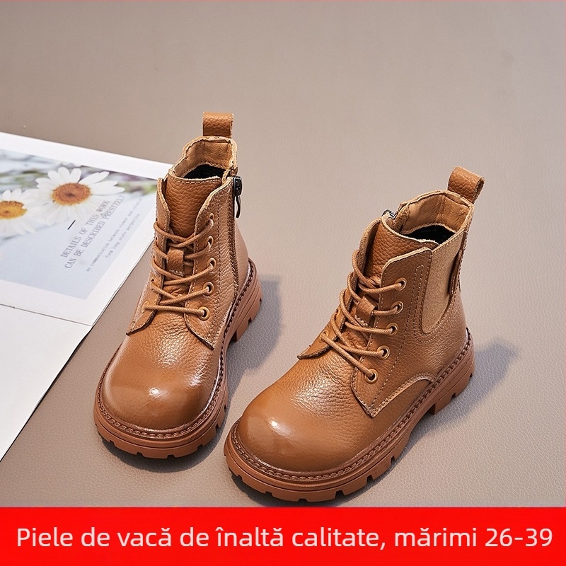 Ghete Martin pentru copii – exterior din piele de vită; fermoar lateral; talpă din cauciuc; branț EVA; gleznă joasă