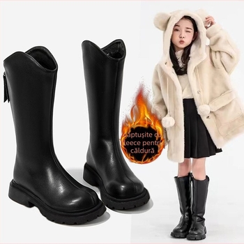 Ghete de iarnă pentru fete, din piele artificială, căptușite cu fleece, înălțime peste gleznă, fermoar la spate