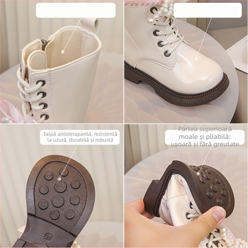 Ghete Martin pentru copii, căptușite cu fleece, fermoar lateral, glezna joasă, partea superioară din piele artificială, talpă din cauciuc