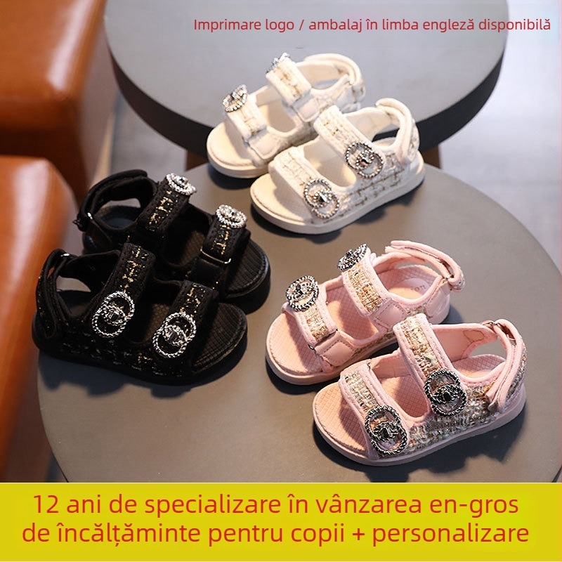 Sandale de plajă pentru copii cu Velcro, stil coreean, partea superioară din textil, talpă din cauciuc, vârste 1–3 și 7–12 ani