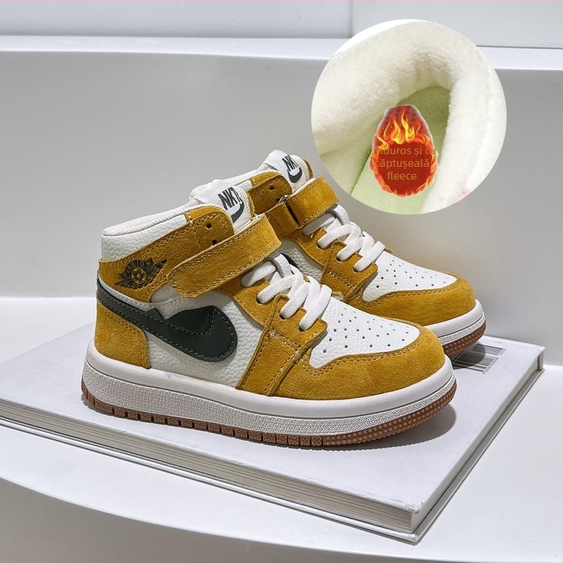 Adidași baschet pentru copii, înălți, cu căptușeală pufoasă, partea superioară din piele naturală, închidere Velcro, talpă din cauciuc, respirabili, unisex, pentru vârste 7–16 ani, lansare toamnă 2025