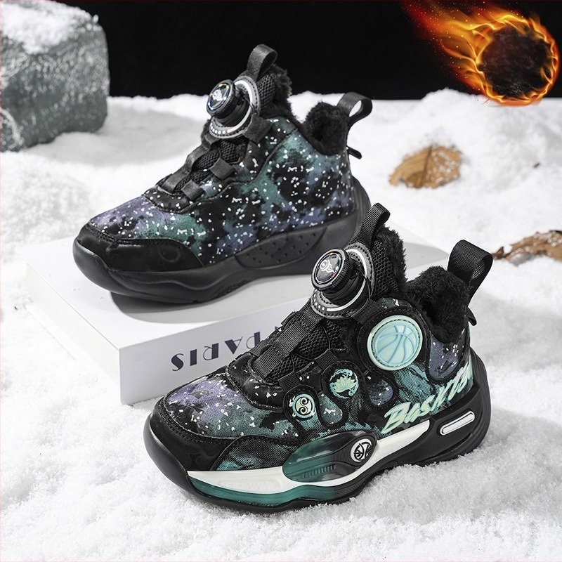 Ghete de baschet pentru copii iarnă, căptușite cu fleece, piele artificială rezistentă la apă, talpă antiderapantă, închidere cu buton rotativ, talpă groasă.