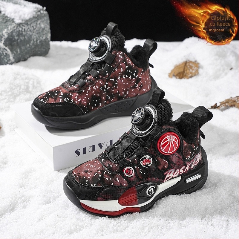 Ghete de baschet pentru copii iarnă, căptușite cu fleece, piele artificială rezistentă la apă, talpă antiderapantă, închidere cu buton rotativ, talpă groasă.