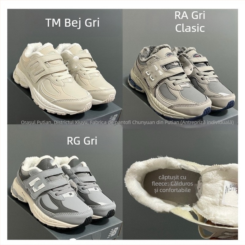 Pantofi de alergare pentru copii, cu fleece; Velcro închidere; partea superioară: velur + piele sintetică + țesătură; talpă: cauciuc EVA PU; ușori, anti-derapare, durabili și amortizanți.