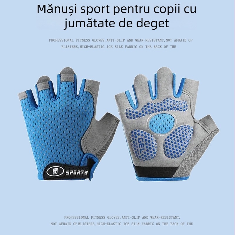 Mănuși sportive pentru copii, cu degete jumătate, respirante, pentru bicicletă, patinaj și bară orizontală, anti-alunecare, subțiri, anti-bătături