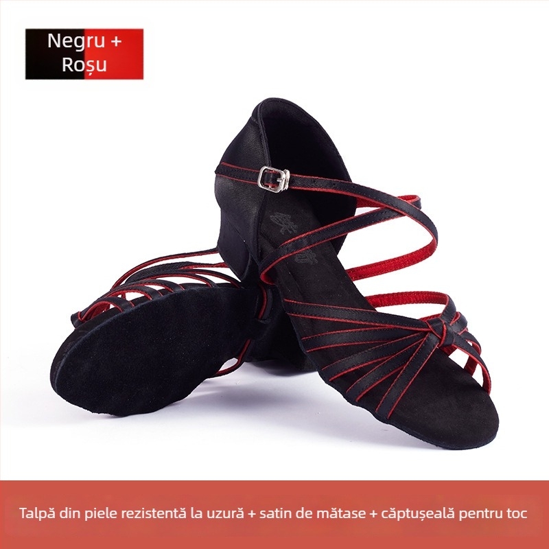 Pantofi de dans latino pentru copii, cu talpă moale pentru spectacole pe scenă; talpă din piele de cerb; partea superioară din piele sintetică și mătase; respirabili, ușori, flexibili, rezistenți; potriviți pentru balet, dans modern și latino.
