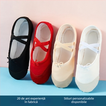 Pantofi de dans pentru copii, talpă moale, vârf din piele, partea superioară din pânză, talpă din piele de vacă, rezistenți, pentru balet și dans modern