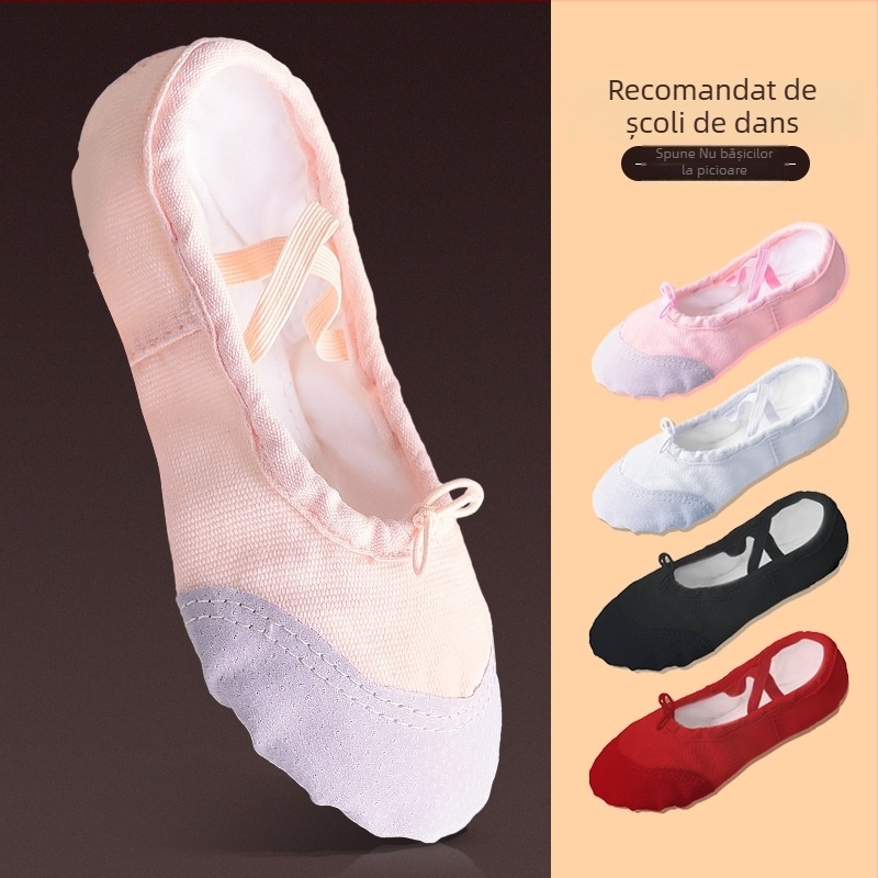 Pantofi de dans pentru copii, talpă moale, vârf din piele, partea superioară din pânză, talpă din piele de vacă, rezistenți, pentru balet și dans modern