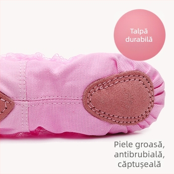 Pantofi de dans pentru fete, fundă cu dantelă pe panoul din pânză, talpă din piele de vită, respirabili, pentru balet și dans modern