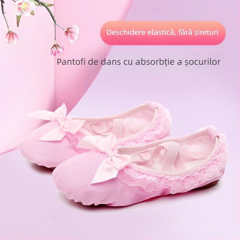 Pantofi de dans pentru fete, fundă cu dantelă pe panoul din pânză, talpă din piele de vită, respirabili, pentru balet și dans modern