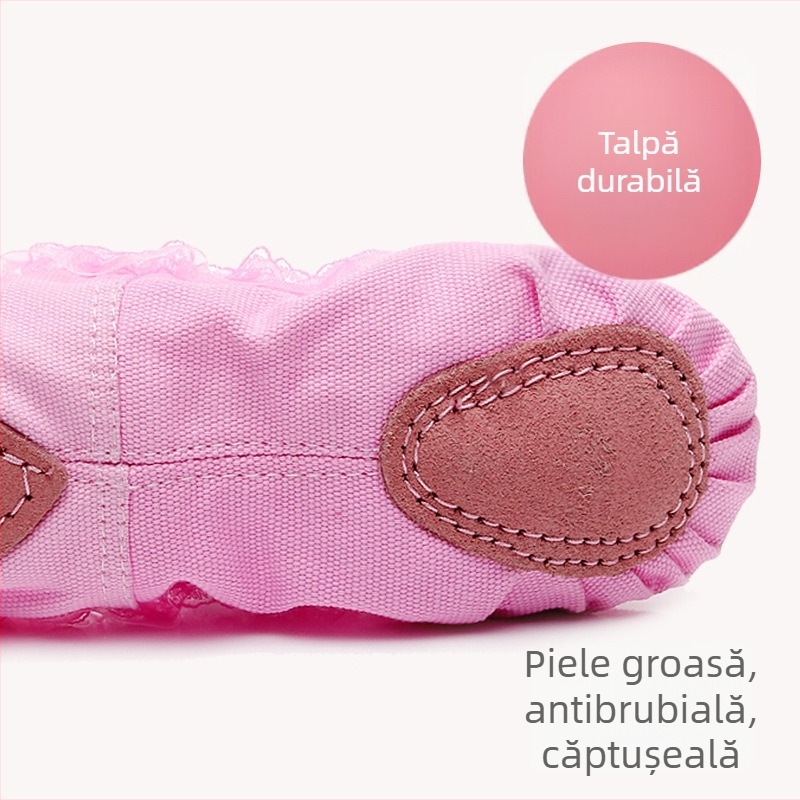 Pantofi de dans pentru fete, fundă cu dantelă pe panoul din pânză, talpă din piele de vită, respirabili, pentru balet și dans modern