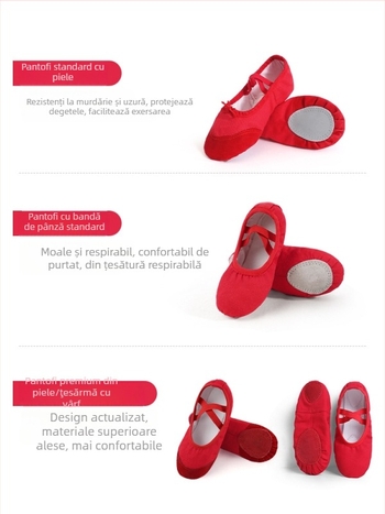 Pantofi de dans pentru fete - Partea superioară din pânză, talpă din piele, grosime unică, respirabili și ușori pentru antrenament de balet