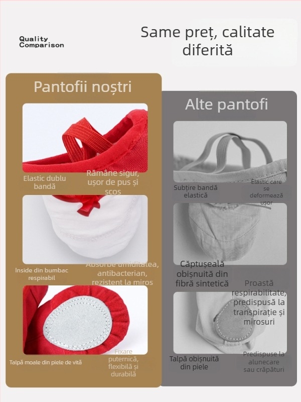 Pantofi de dans pentru fete - Partea superioară din pânză, talpă din piele, grosime unică, respirabili și ușori pentru antrenament de balet