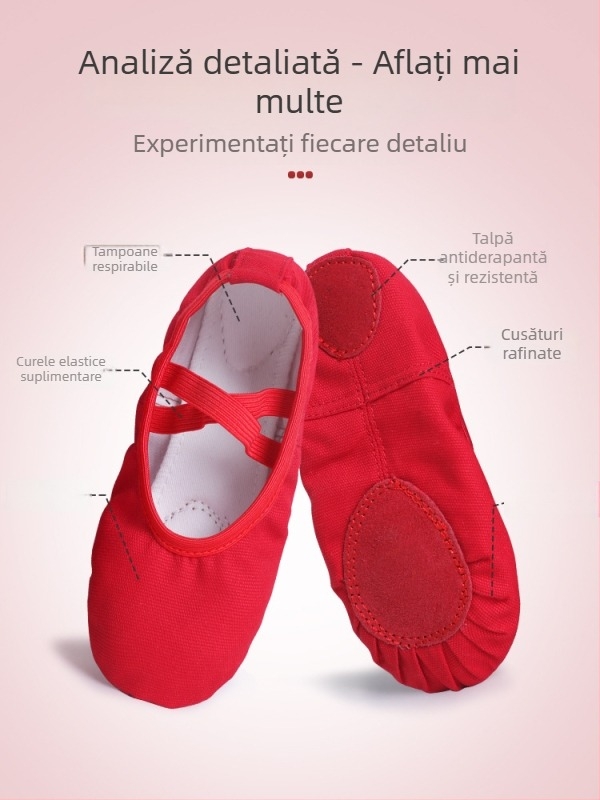 Pantofi de dans pentru fete - Partea superioară din pânză, talpă din piele, grosime unică, respirabili și ușori pentru antrenament de balet