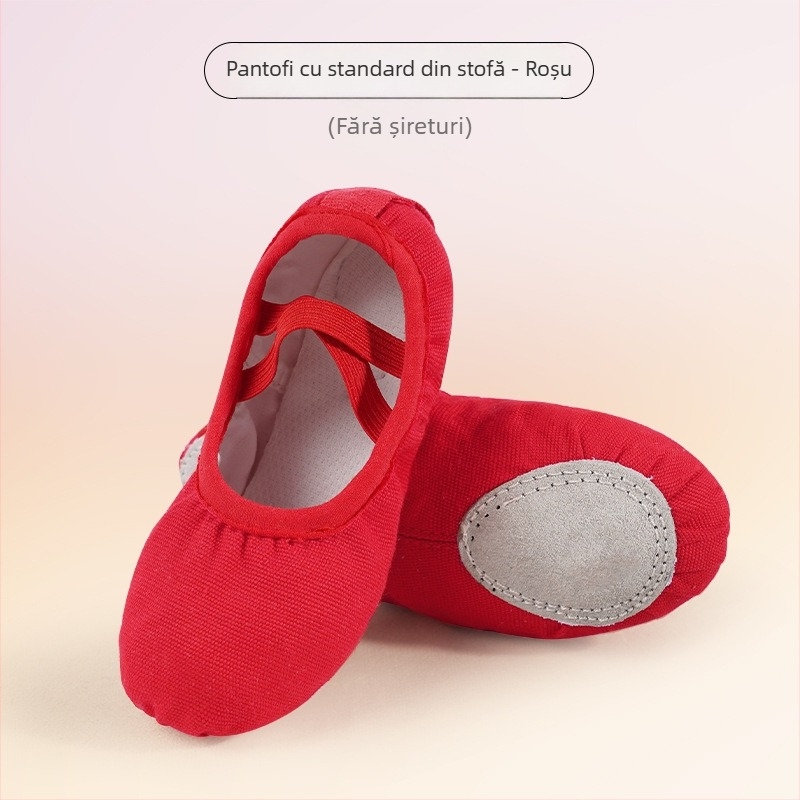 Pantofi de dans pentru fete - Partea superioară din pânză, talpă din piele, grosime unică, respirabili și ușori pentru antrenament de balet