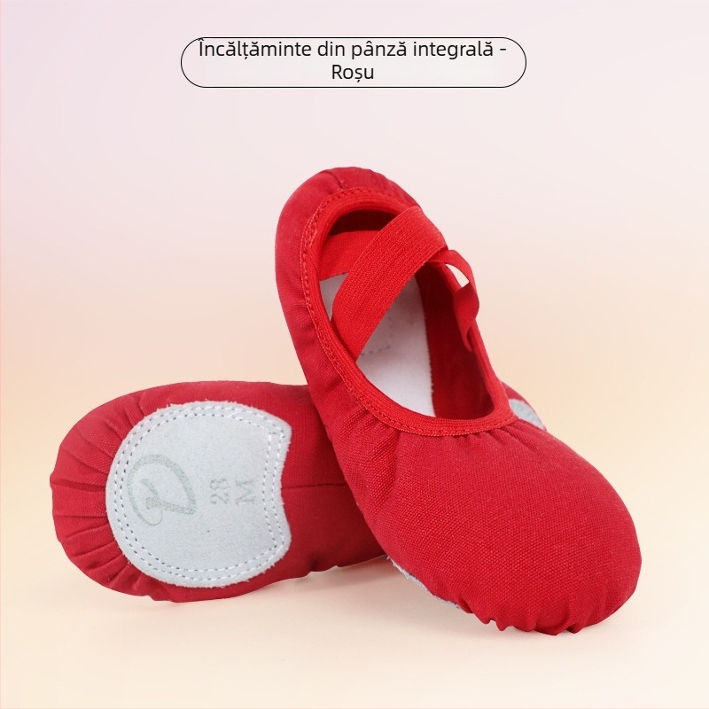 Pantofi de dans pentru fete - Partea superioară din pânză, talpă din piele, grosime unică, respirabili și ușori pentru antrenament de balet