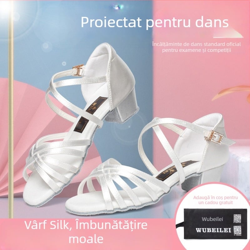 Pantofi de dans latino pentru copii, talpă moale, respirabili, ușori, cu toc mic, pentru fete