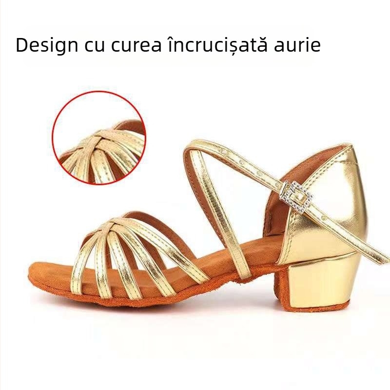 Pantofi de dans latino pentru copii, talpă din piele naturală, toc plat, potriviți pentru începători în dansul de salon.
