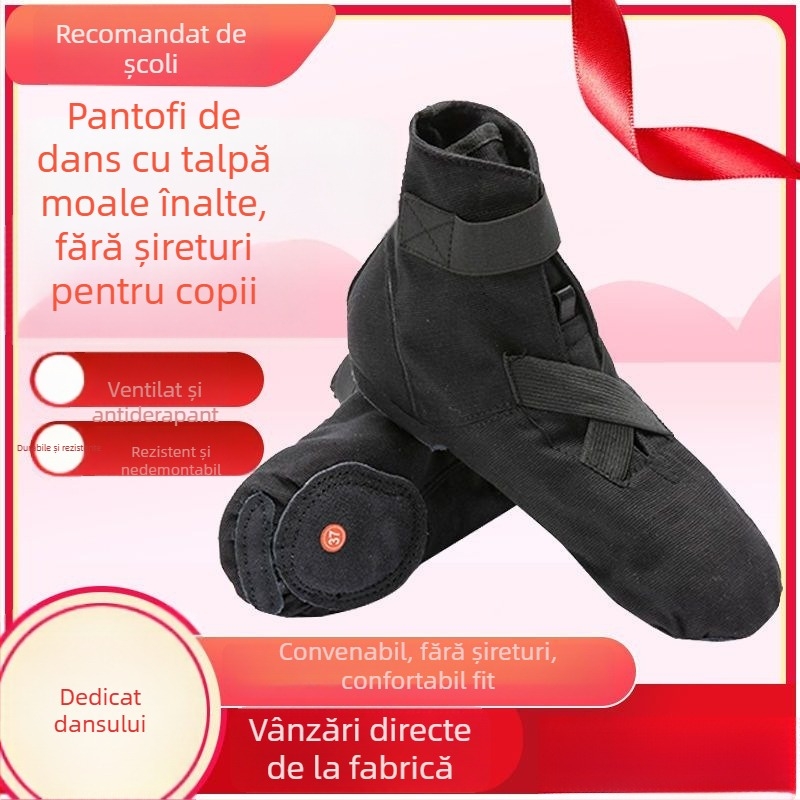 Pantofi de dans Jazz din pânză cu Velcro, talpă din piele, înalte, respirabili
