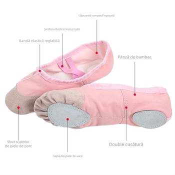 Pantofi de balet unisex pentru adulți, cu partea superioară din pânză și talpă din piele