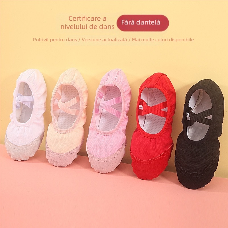 Pantofi de dans unisex pentru copii, destinați baletului, dans modern și latino – partea superioară din pânză, talpă din piele, respirabili, ușori