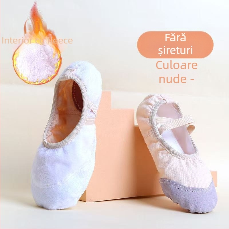 Pantofi de dans pentru copii – partea superioară din pânză, talpă din piele artificială, design îngroșat, fără șireturi, pentru balet și dans modern