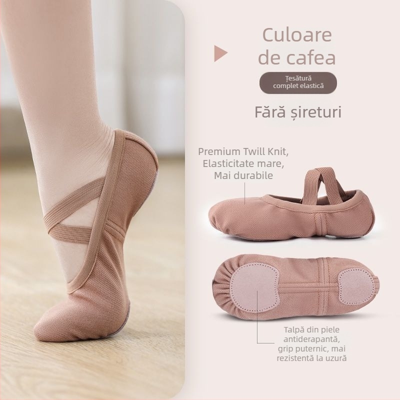 Pantofi de balet pentru femei și fete, material elastic, fără șireturi, talpă moale, design cu labă de pisică