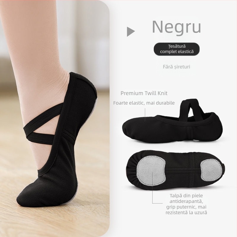 Pantofi de balet pentru femei și fete, material elastic, fără șireturi, talpă moale, design cu labă de pisică