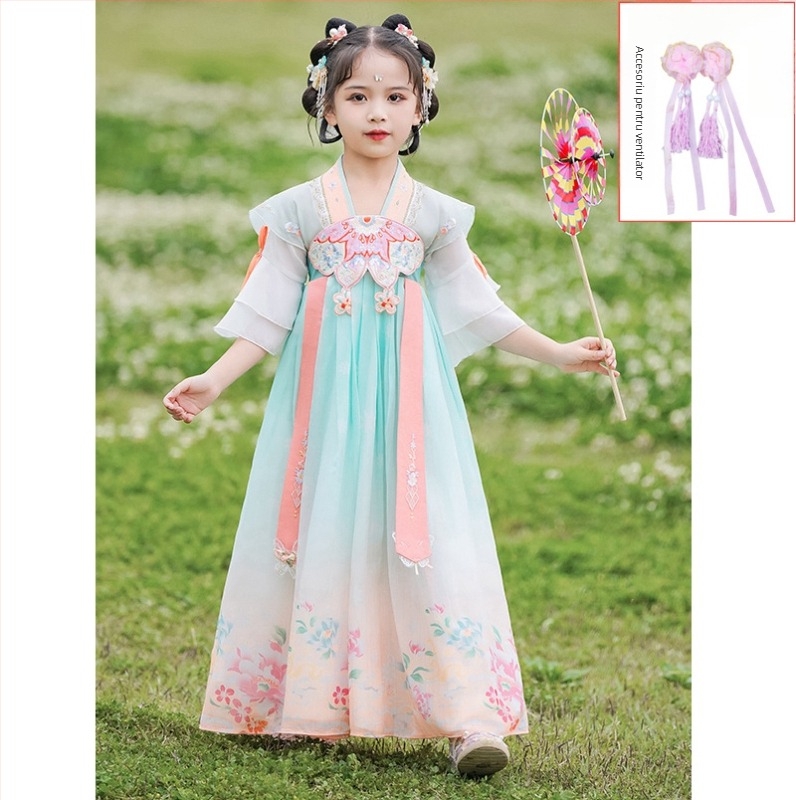 Rochie Hanfu pentru fete – imprimeu floral, material principal 95% poliester, căptușeală poliester, pentru primăvară-toamnă, stil Chinezesc