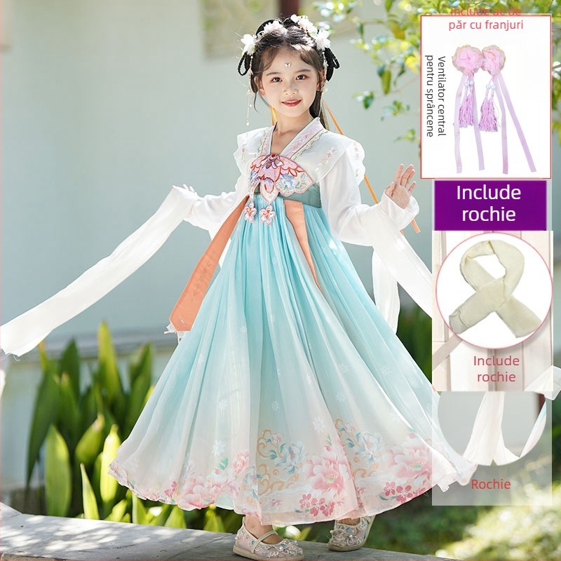 Rochie Hanfu pentru fete – imprimeu floral, material principal 95% poliester, căptușeală poliester, pentru primăvară-toamnă, stil Chinezesc