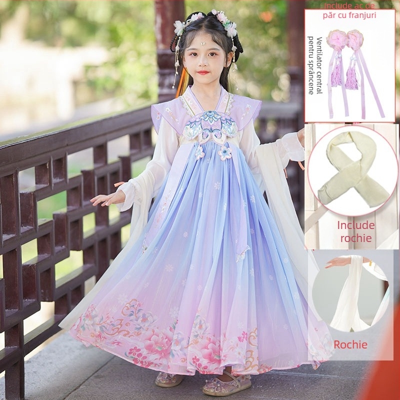 Rochie Hanfu pentru fete – imprimeu floral, material principal 95% poliester, căptușeală poliester, pentru primăvară-toamnă, stil Chinezesc