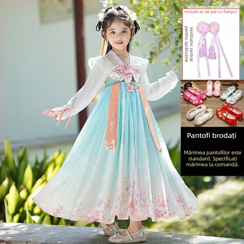 Rochie Hanfu pentru fete – imprimeu floral, material principal 95% poliester, căptușeală poliester, pentru primăvară-toamnă, stil Chinezesc