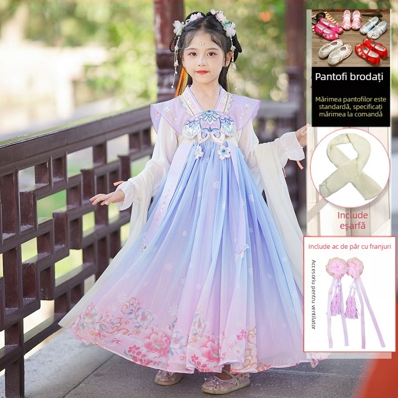 Rochie Hanfu pentru fete – imprimeu floral, material principal 95% poliester, căptușeală poliester, pentru primăvară-toamnă, stil Chinezesc