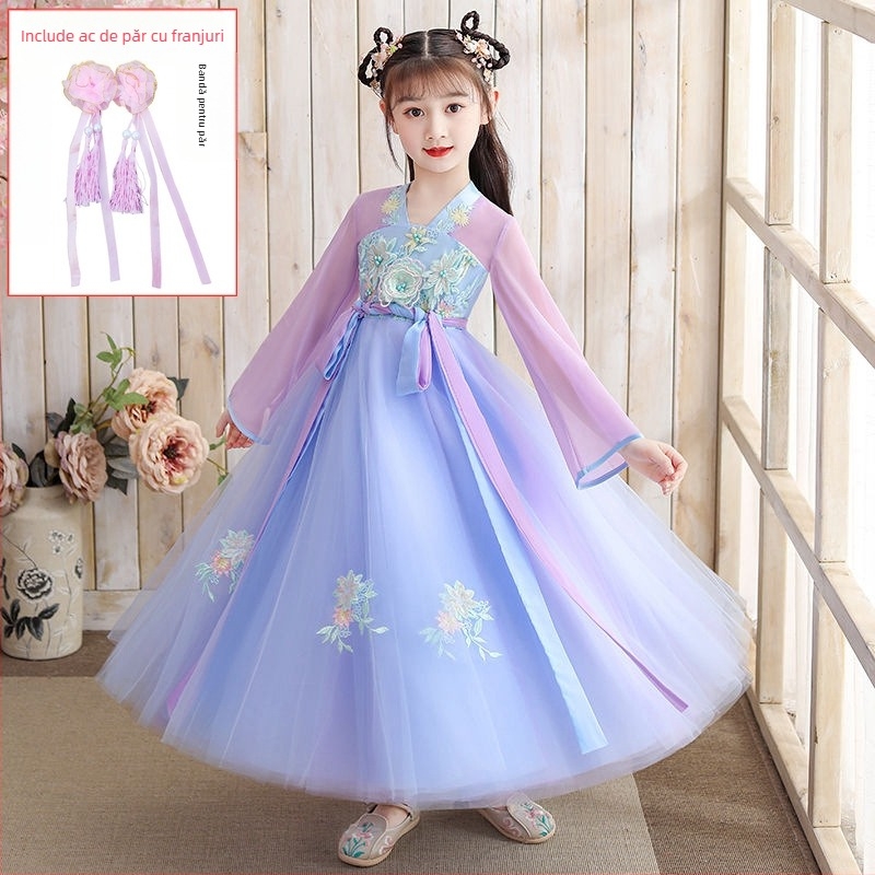 Rochie Hanfu pentru fete – imprimeu floral, material principal 95% poliester, căptușeală poliester, pentru primăvară-toamnă, stil Chinezesc