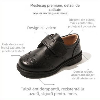 Pantofi pentru băieți din piele naturală, închidere Velcro, talpă din cauciuc, branț EVA, respiranți și antiderapant, stil britanic