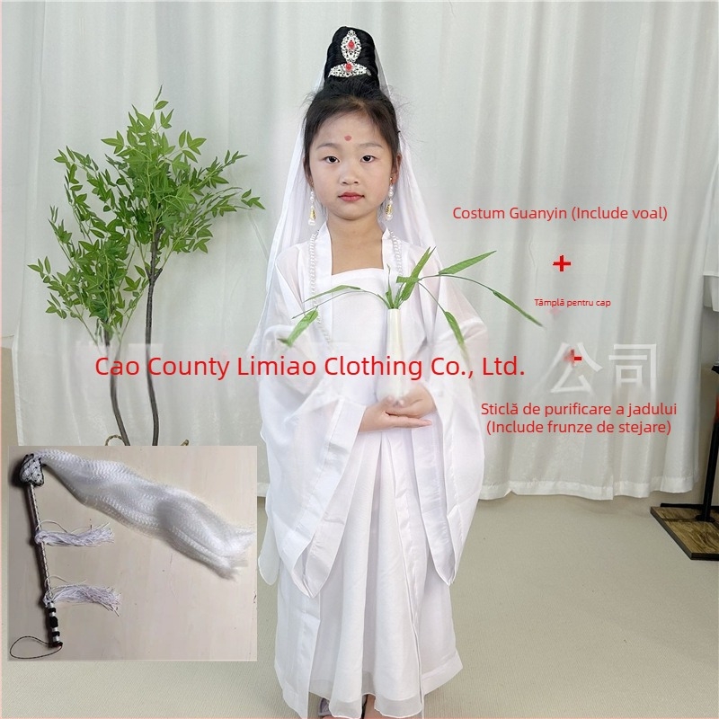 Costum de scenă pentru copii Guanyin Bodhisattva, stil chinezesc; țesătură principală 76% poliester, amestec fibre chimice, finisaj moale, unisex.