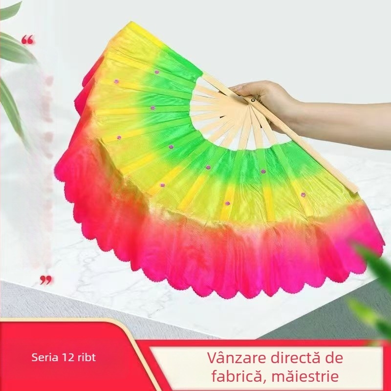 Evantaș din bambus pentru dansuri pe pătrat, două fețe, stil clasic, marcă Qianlong Drama Factory