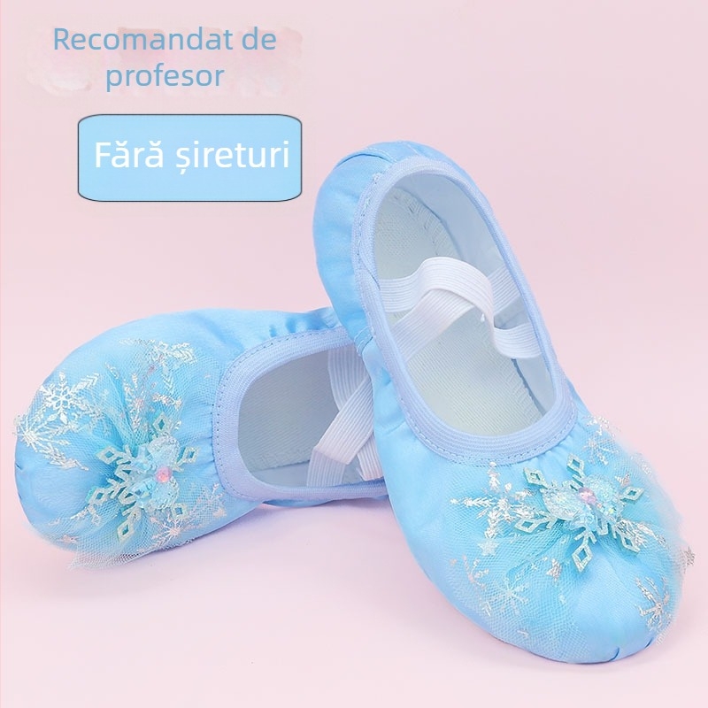 Pantofi de balet – partea superioară din material textil, stil prințesă, pentru repetiții, talpă moale, pentru fete 1–16 ani
