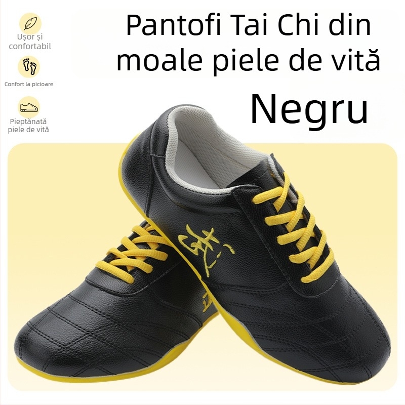 Pantofi indoor pentru antrenament în arte marțiale, unisex – partea superioară din piele naturală, căptușeală din plasă respirabilă, talpă din cauciuc, antiderapant