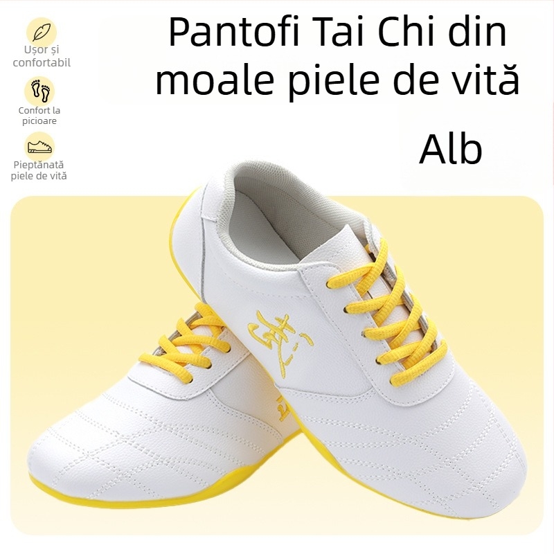 Pantofi indoor pentru antrenament în arte marțiale, unisex – partea superioară din piele naturală, căptușeală din plasă respirabilă, talpă din cauciuc, antiderapant