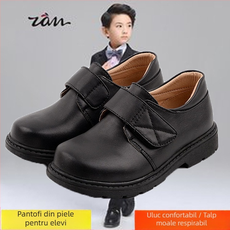 Pantofi din piele pentru copii, pentru reprezentații școlare, închidere Velcro, partea superioară PU, talpă din cauciuc, toate anotimpurile
