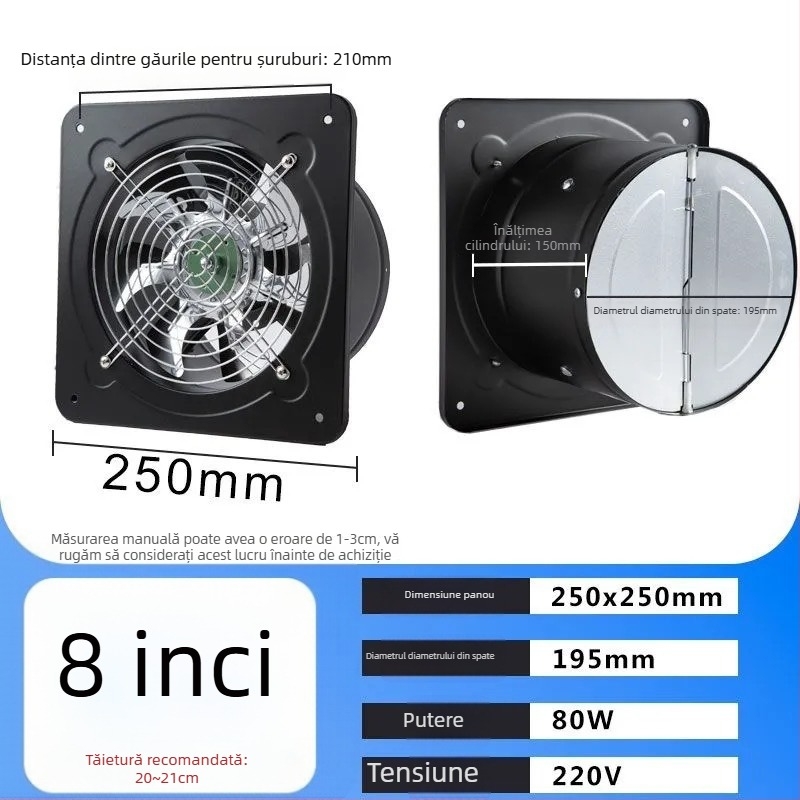 Ventilator de bucătărie din metal integral — puternic extractor, montaj pe perete, carcasa din fier, 220V, 60W, 50Hz, control mecanic, nivel de eficiență energetică 3