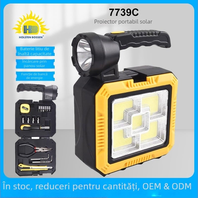 Lampa de căutare solară pentru exterior cu trusă de scule încorporată, LED puternic 5W, baterie 1200mAh, încărcare USB, acționare manuală, rotație de 360°