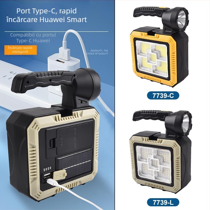 Lampa de căutare solară pentru exterior cu trusă de scule încorporată, LED puternic 5W, baterie 1200mAh, încărcare USB, acționare manuală, rotație de 360°