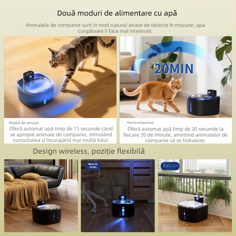 Dispenser de apă pentru pisici cu circulație automată, model A01sp, capacitate 3,2 L, baterie 4000 mAh, detașabil, fără suport pentru aplicație