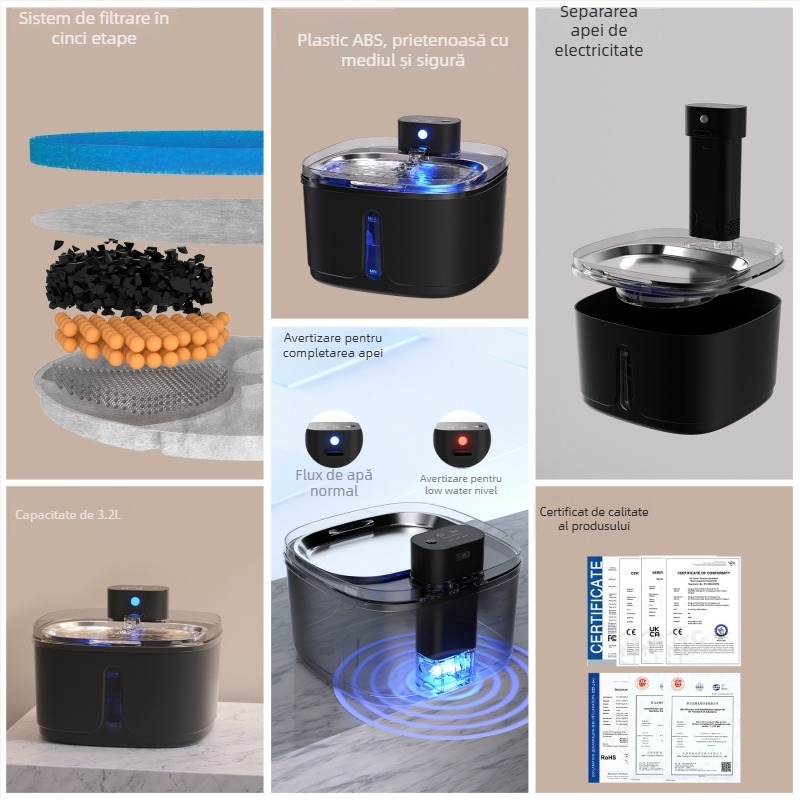 Dispenser de apă pentru pisici cu circulație automată, model A01sp, capacitate 3,2 L, baterie 4000 mAh, detașabil, fără suport pentru aplicație