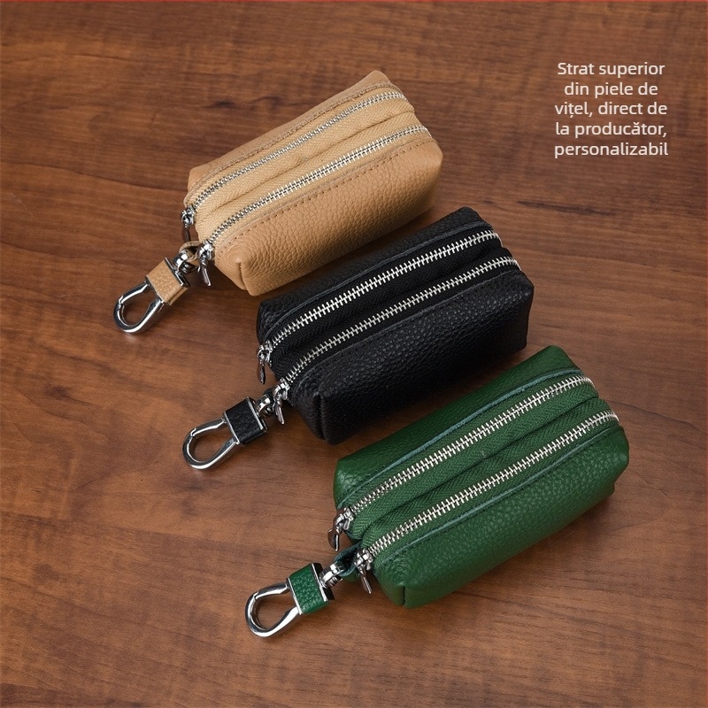 Geantă pentru chei din piele naturală, strat superior, capacitate mare, cusătură dublă, unisex, piele autentică, portofel pentru monede