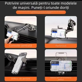 Suport pentru telefon auto cu ventuză, reglaj telescopic, potrivire universală pentru bord, consola centrală sau gură de aer, stabil antișoc