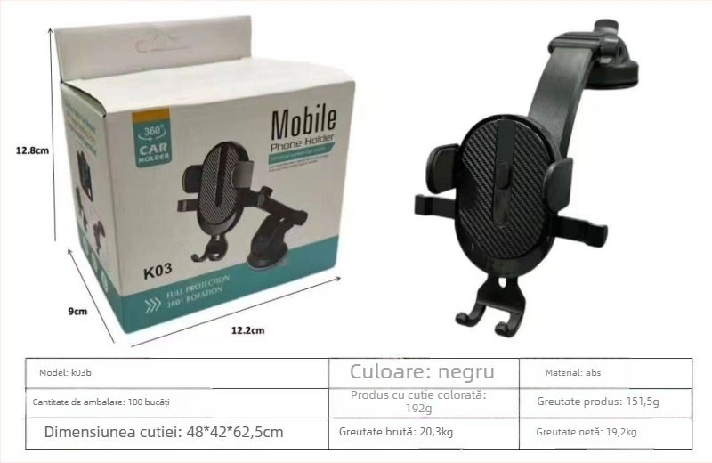 Suport pentru telefon auto cu ventuză, reglaj telescopic, potrivire universală pentru bord, consola centrală sau gură de aer, stabil antișoc